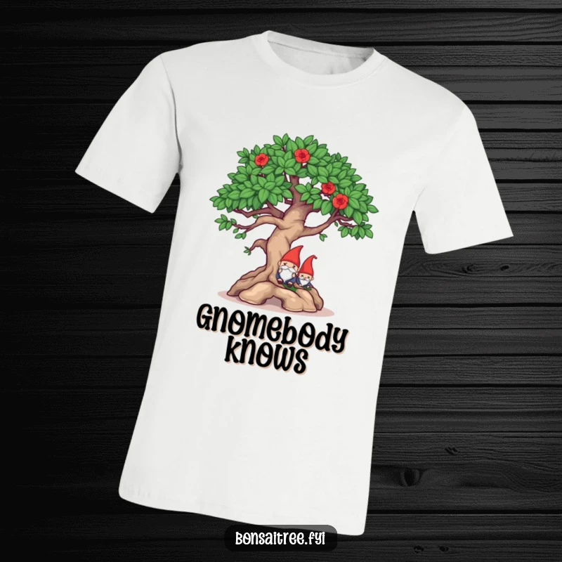 Funny mischievous bonsai winking and hiding a gnome on a t-shirt, perfect for playful individuals and humorous moments.