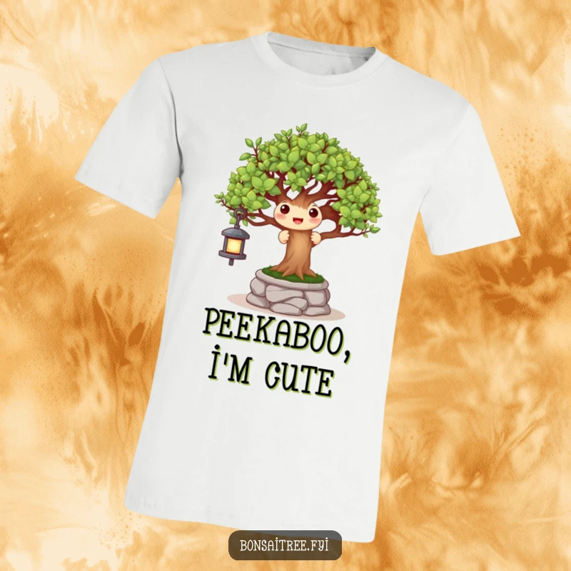 Funny t-shirt showing a happy bonsai tree playing peek-a-boo behind a miniature stone lantern, radiating cheerful mischief.