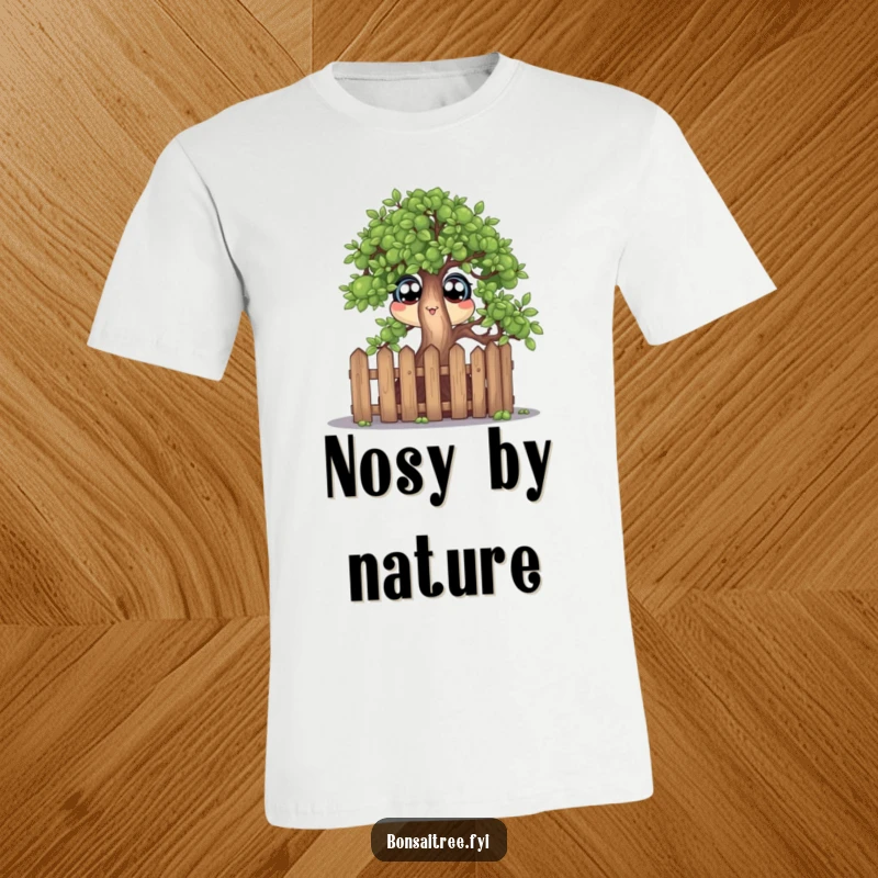 Funny graphic t-shirt featuring a bonsai tree character with wide, curious eyes peeking over a tiny fence, perfect for witty individuals.