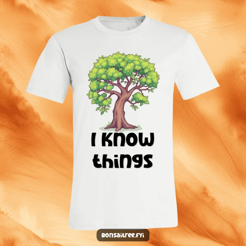 Funny t-shirt featuring a small tree leaning in, as if whispering a hilarious secret.