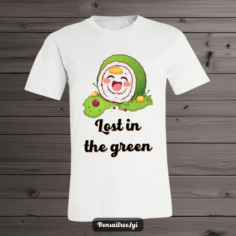 Funny t-shirt design of a sushi roll character mid-laugh, attempting to blend seamlessly into a patch of vibrant green moss.