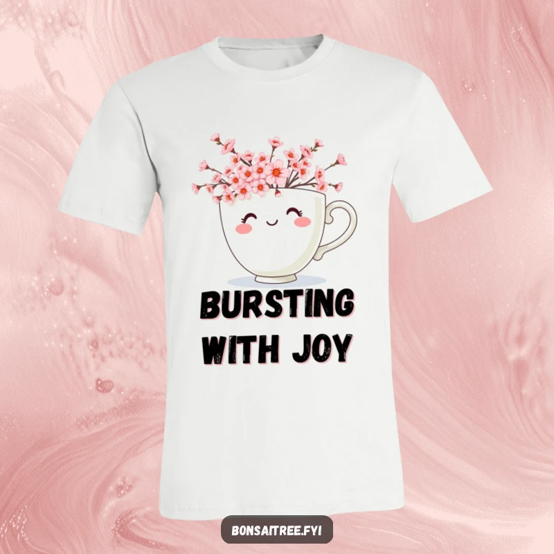 Funny t-shirt featuring a joyful teacup character spilling over with an abundance of small, pink cherry blossoms.