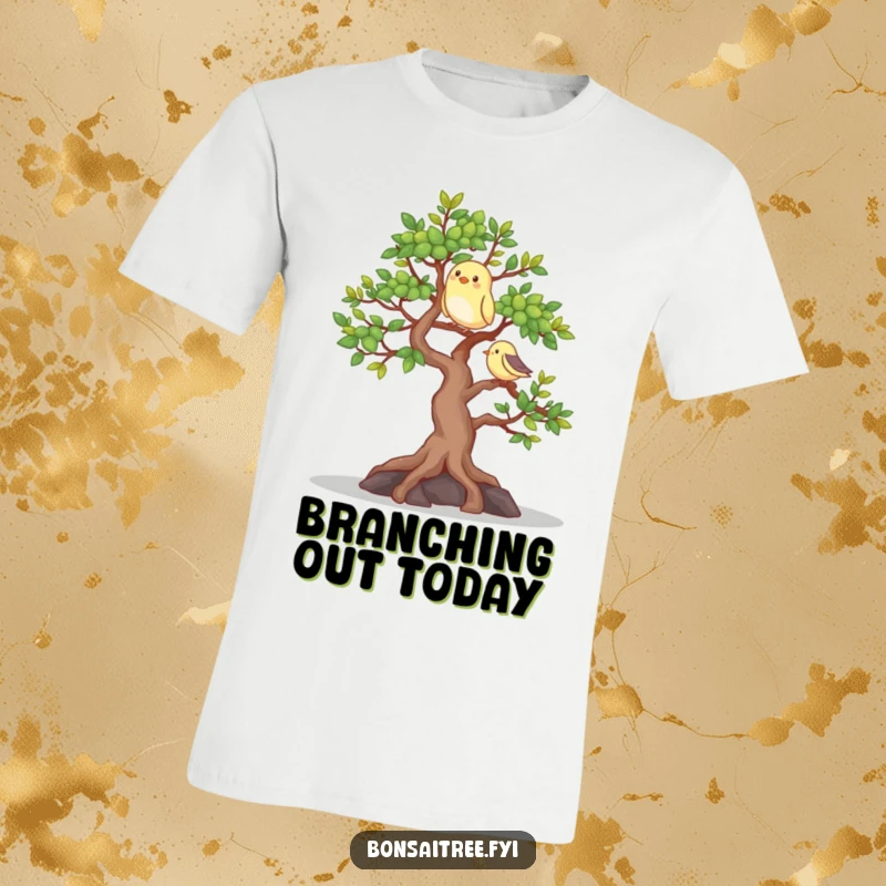 Funny t-shirt illustrating a happy bonsai tree graced by a friendly bird on its branch, a symbol of natural happiness.