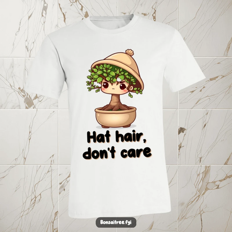 Funny shy bonsai tree character peeking out from under a tiny hat, conveying shyness and cuteness on a t-shirt.