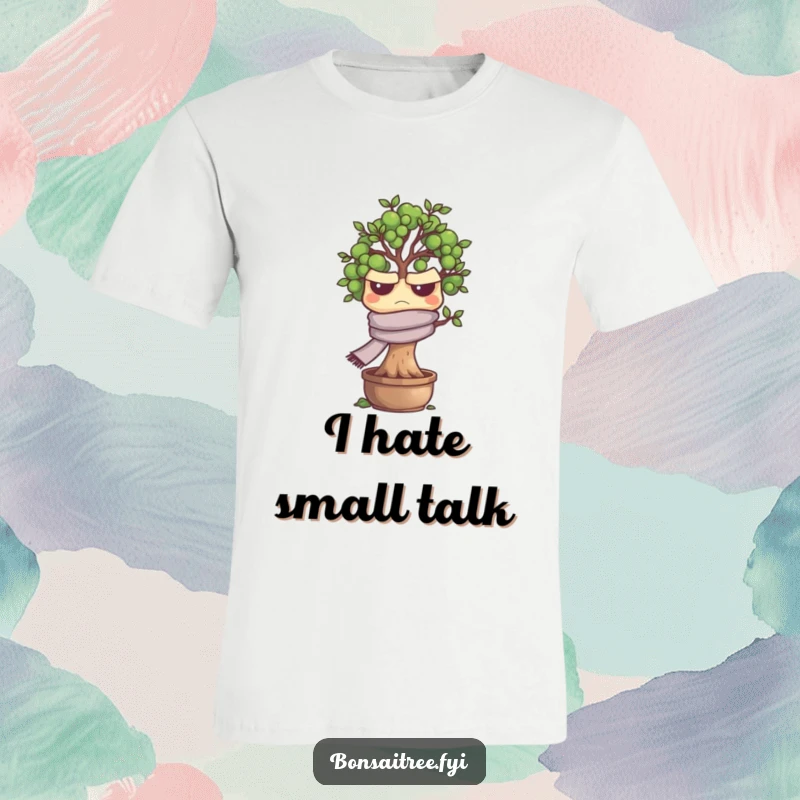 Funny grumpy bonsai tree character with a scarf on a t-shirt, conveying annoyance, a perfect humorous gift.