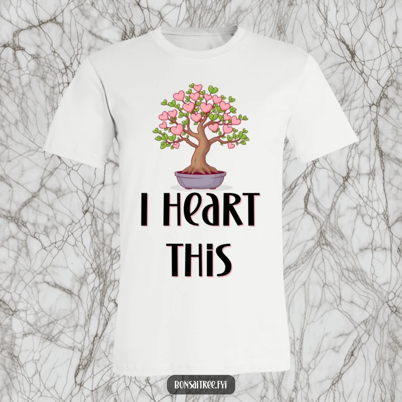 Funny t-shirt showcasing a small bonsai tree with its leaves intricately shaped like tiny hearts. A charming and humorous design for expressing affection.