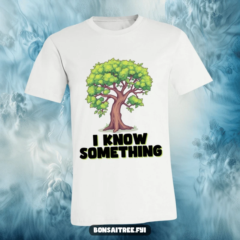 Funny t-shirt depicting a small bonsai tree leaning close, as if whispering a secret. A humorous and intriguing design for everyday wear.
