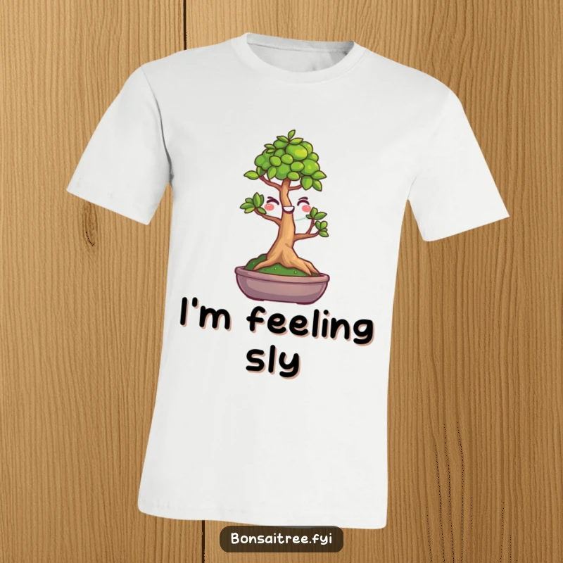 Funny t-shirt showcasing a cute bonsai tree character with a smiley face, giving a cheeky wink. Great for casual wear and spreading humor.