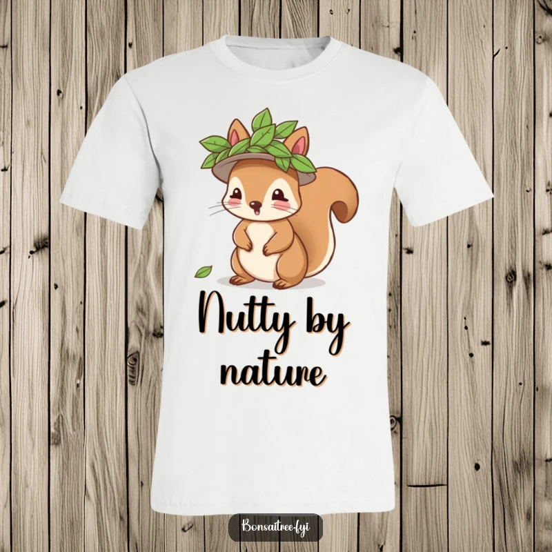 Funny playful squirrel trying on a leaf hat on a t-shirt, a charming and humorous design for nature lovers.
