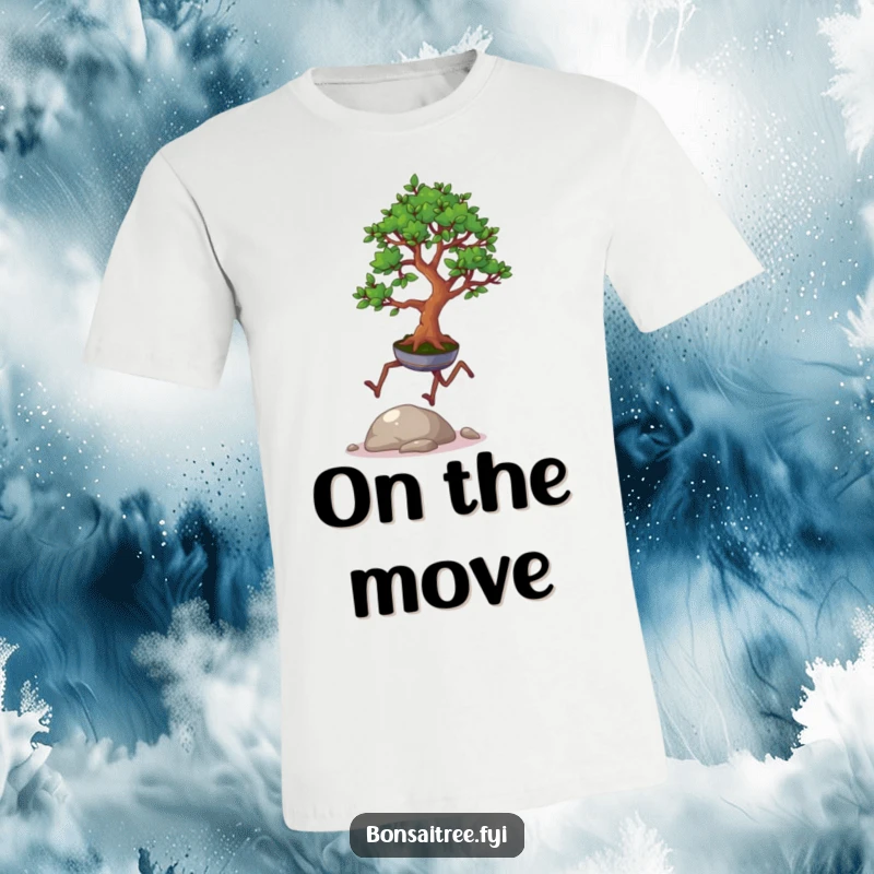 Funny t-shirt design of a small bonsai tree with legs mid-hop over a pebble, capturing a moment of playful action.