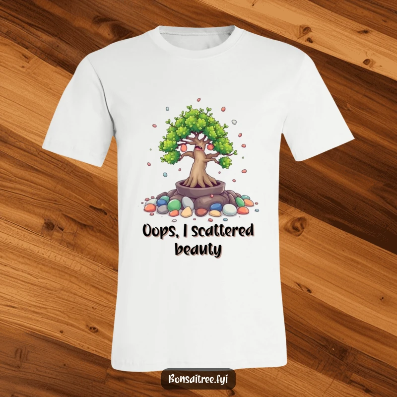 Funny t-shirt with a giggling bonsai tree character scattering small painted stones, a whimsical and lighthearted design.