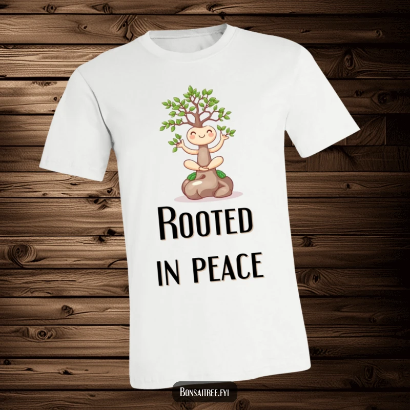 Funny t-shirt showcasing a smiling bonsai tree executing a serene yoga pose with joyful expression, a perfect funny gift.