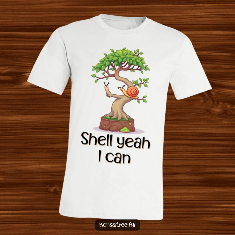 Funny Bonsai Tree T-Shirt: A mischievous bonsai character carefully trying to balance a small snail on its top branches, looking cheeky.