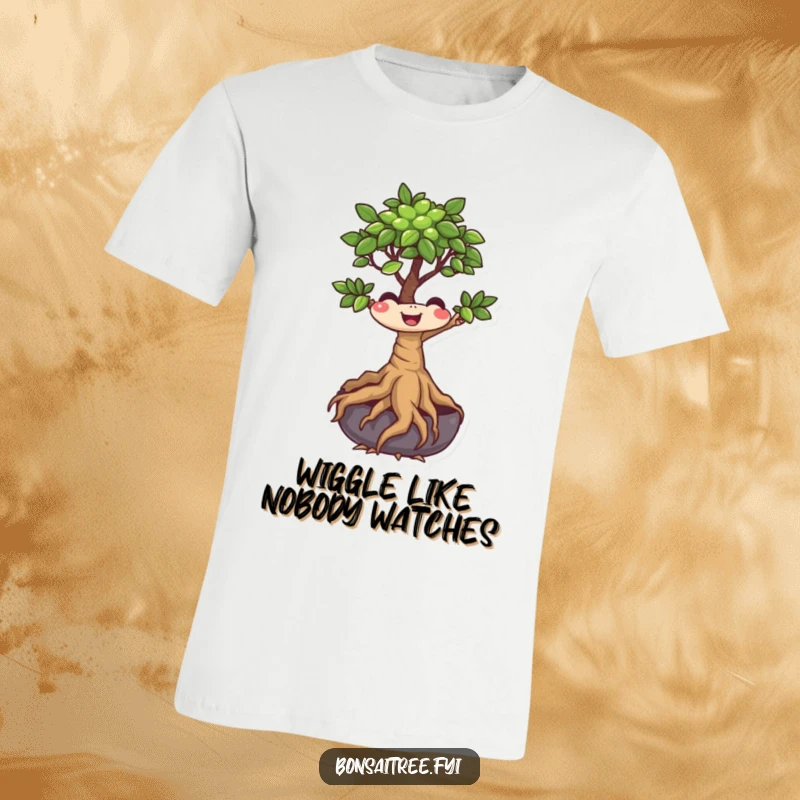 Funny Bonsai Tree T-Shirt of a cute character with a smile and roots wiggling energetically, embodying playful plant spirit.