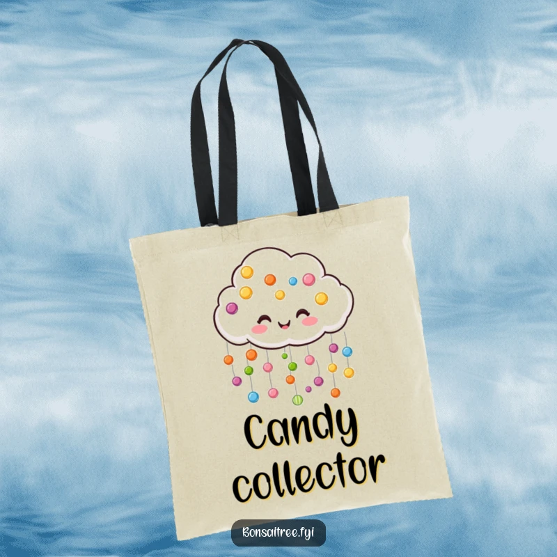 Funny cloud tote bag, joyfully raining colorful candy drops, a sweet and practical accessory.