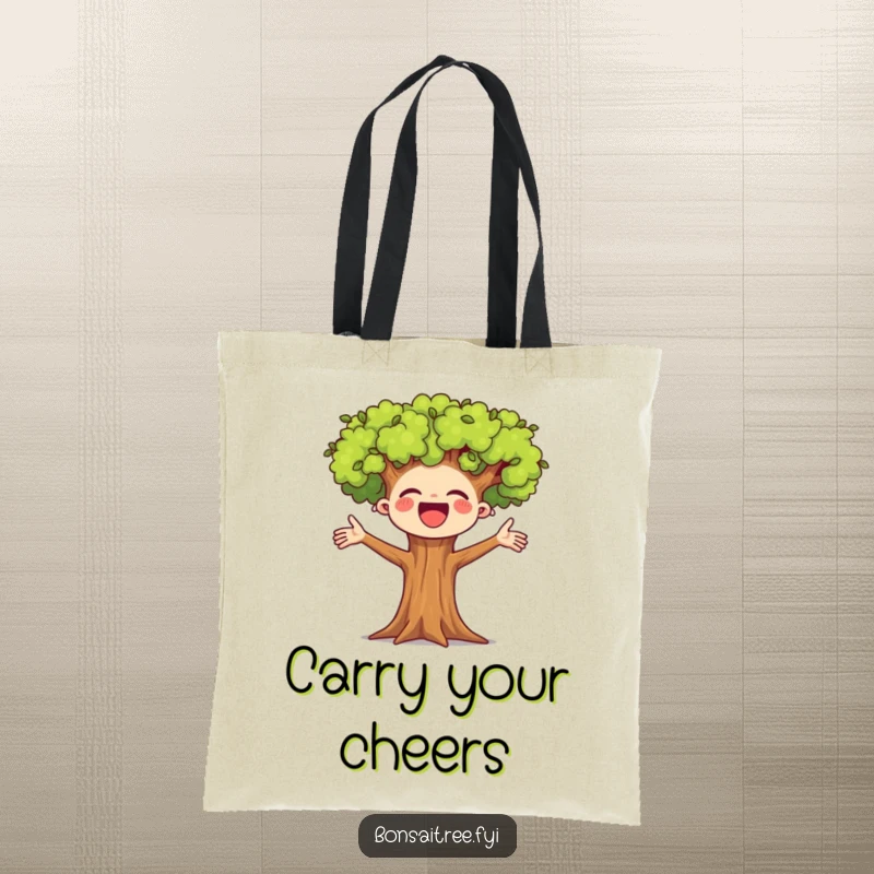 Funny tote bag featuring a small, happy bonsai tree mascot cheering with open arms. A practical and cheerful accessory for everyday use.
