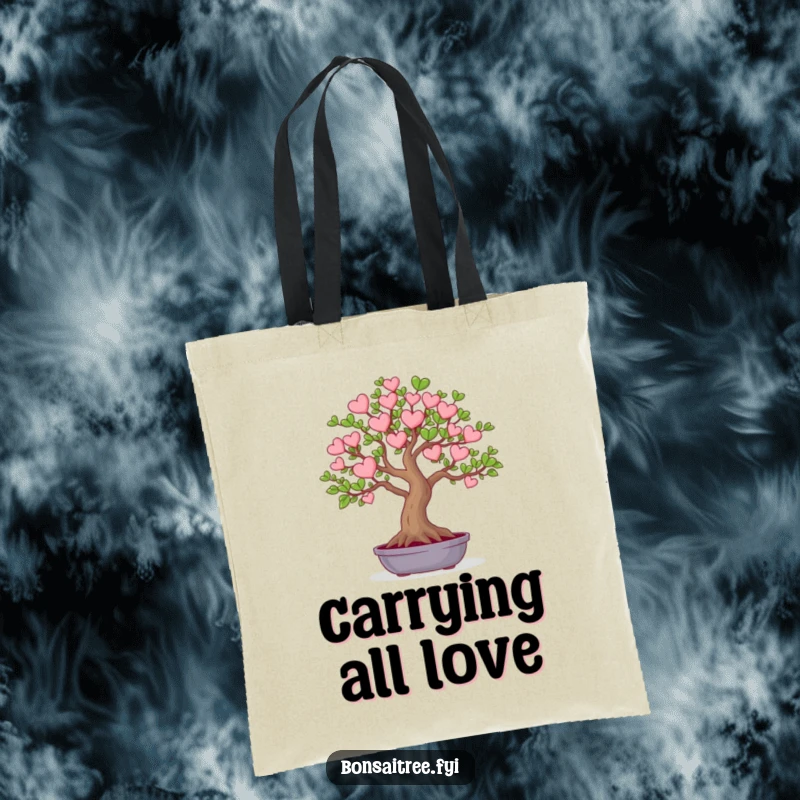 Funny tote bag featuring a bonsai tree with leaves shaped like tiny hearts. A practical and charmingly humorous accessory for everyday use.