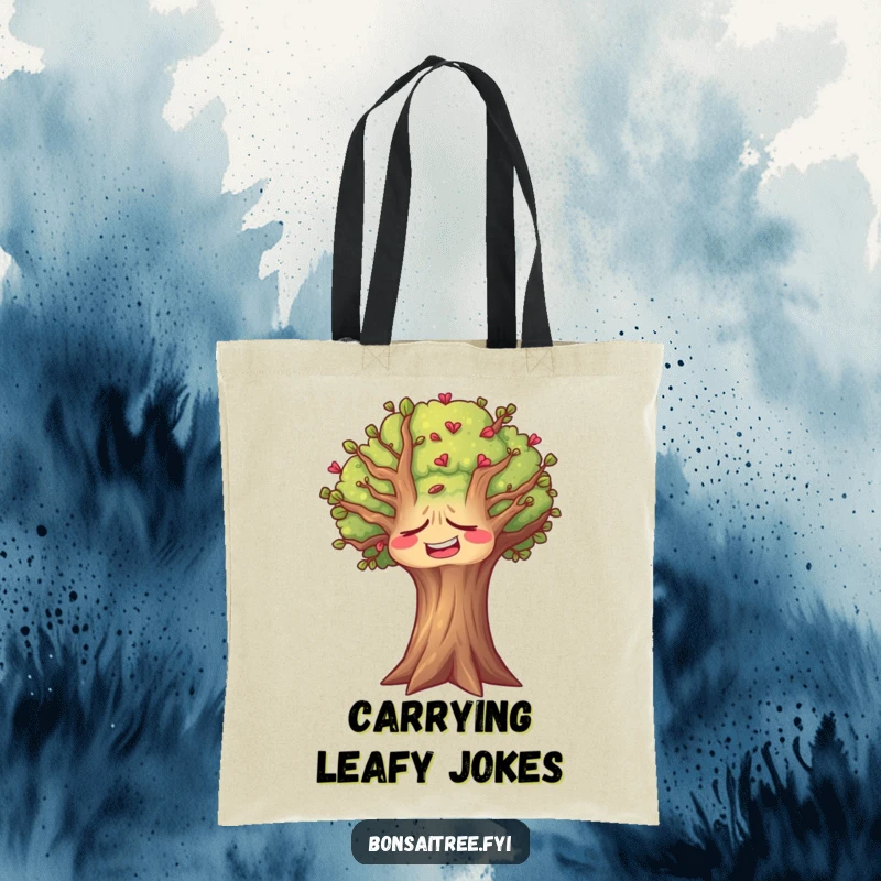 Funny tree tote bag featuring a tree with a face contorted in a silent laugh, perfect for nature enthusiasts.