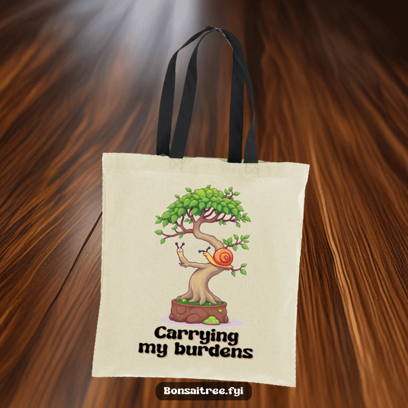 Funny Bonsai Tree Tote Bag: A mischievous bonsai character balancing a tiny snail on its canopy, ideal for carrying daily items.