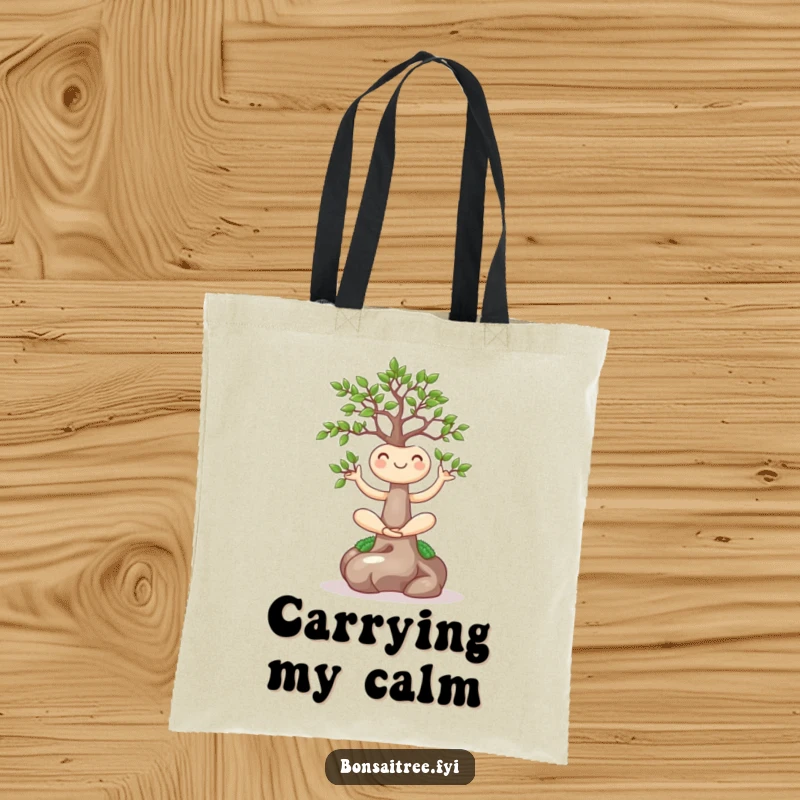 Funny tote bag displaying a smiling bonsai tree in a yoga pose, ideal for carrying items with a touch of mindful humor.