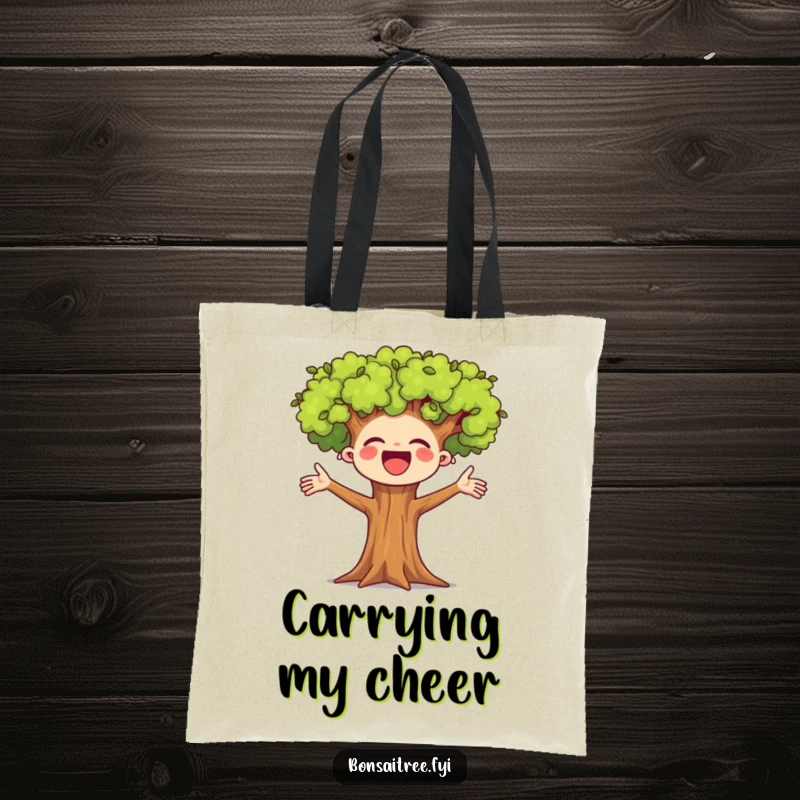 Funny, vibrant tote bag featuring a cheering tree, perfect for carrying essentials with a smile.