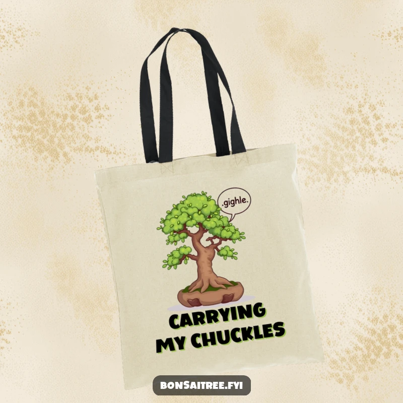 Funny tote bag featuring a bonsai tree with a speech bubble that says 'giggle'. A practical and humorous accessory for daily use.