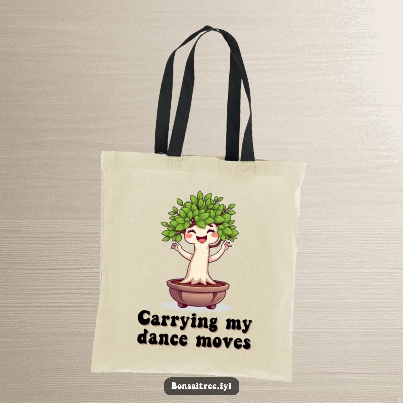 Funny Bonsai Tree Tote Bag with a plump character doing a wiggle dance, perfect for carrying daily items with a humorous touch.