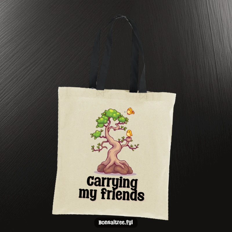 Funny Bonsai Tree Tote Bag: A happy bonsai tree character giggling joyfully as a little bird lands gently on its highest branch.