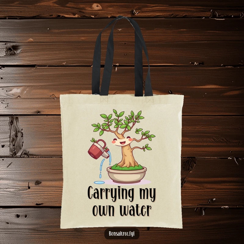 Funny tote bag depicting a small bonsai tree character watering itself with a big smile, perfect for plant lovers.