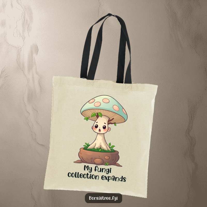Funny tote bag featuring a startled bonsai tree character that has sprouted an enormous mushroom. A whimsical and amusing accessory.