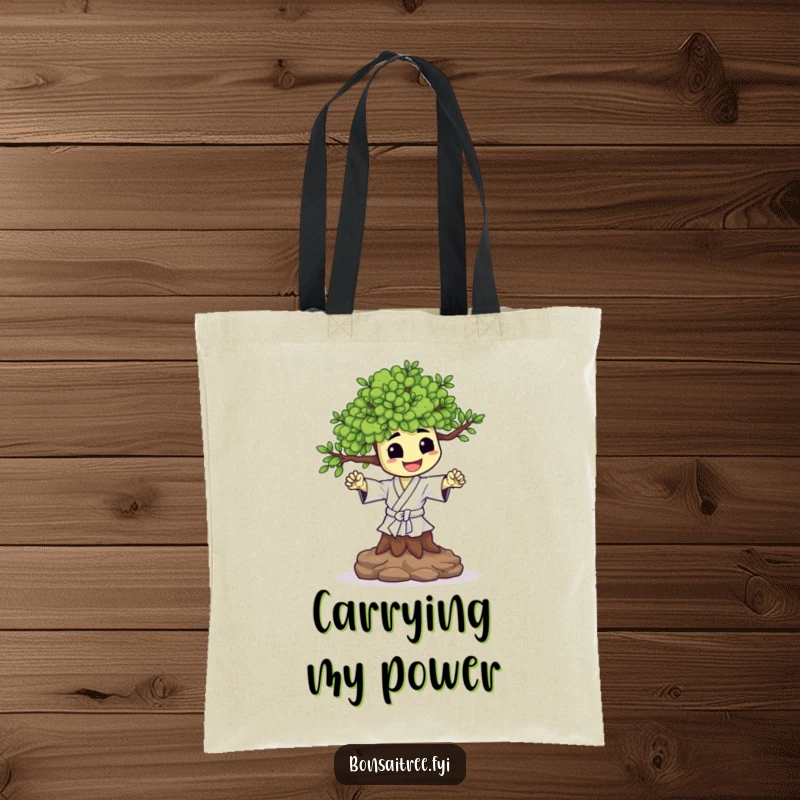 Funny tote bag featuring a happy bonsai tree character performing a tiny karate chop. Stylish and motivational accessory.