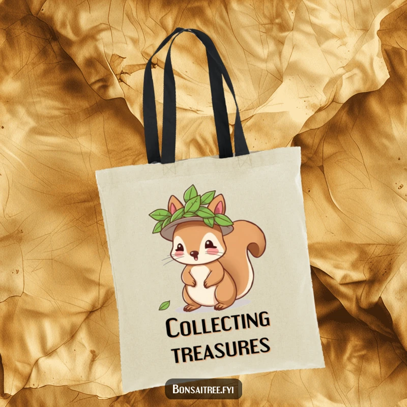 Funny playful squirrel with a leaf hat on a tote bag, great for shopping or carrying books, a whimsical and humorous accessory.