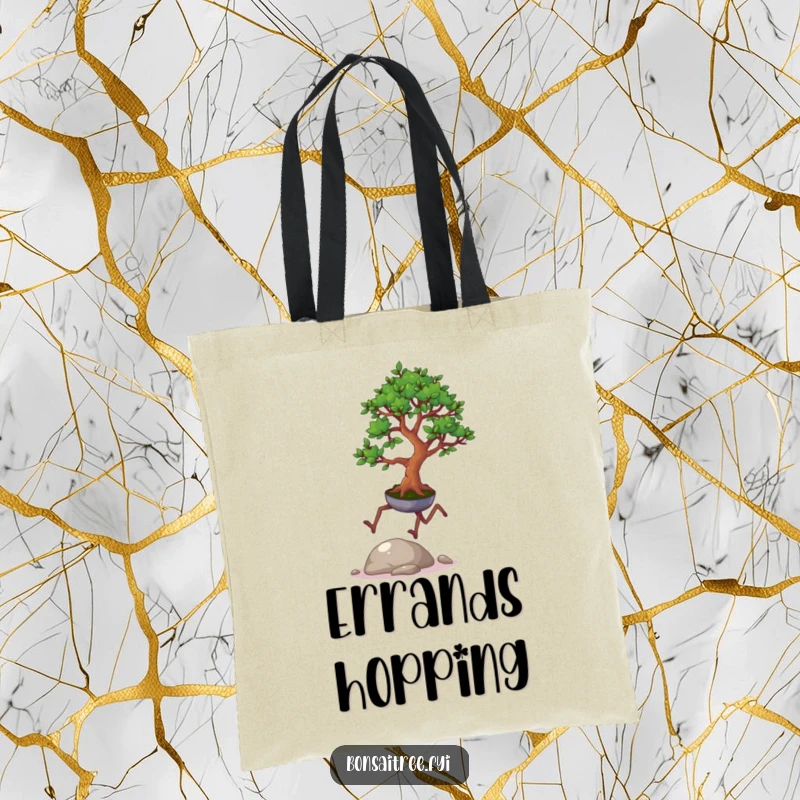 Funny tote bag featuring a bonsai tree with legs mid-leap over a pebble, perfect for carrying goods with a playful touch.