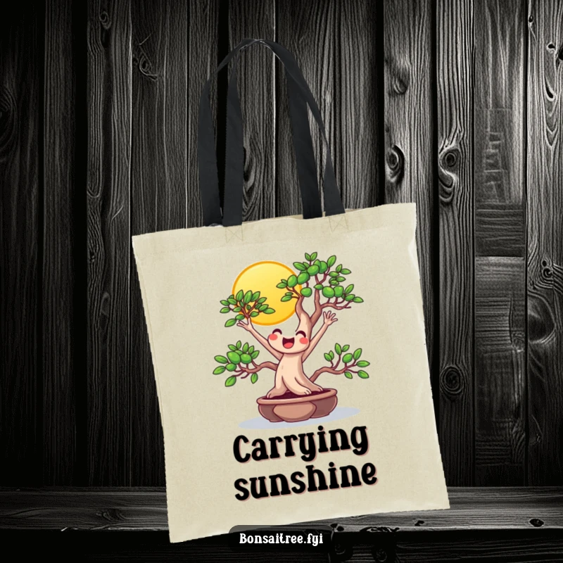 Funny beaming bonsai reaching for the sun on a tote bag, perfect for carrying essentials with cheerful, optimistic humor.