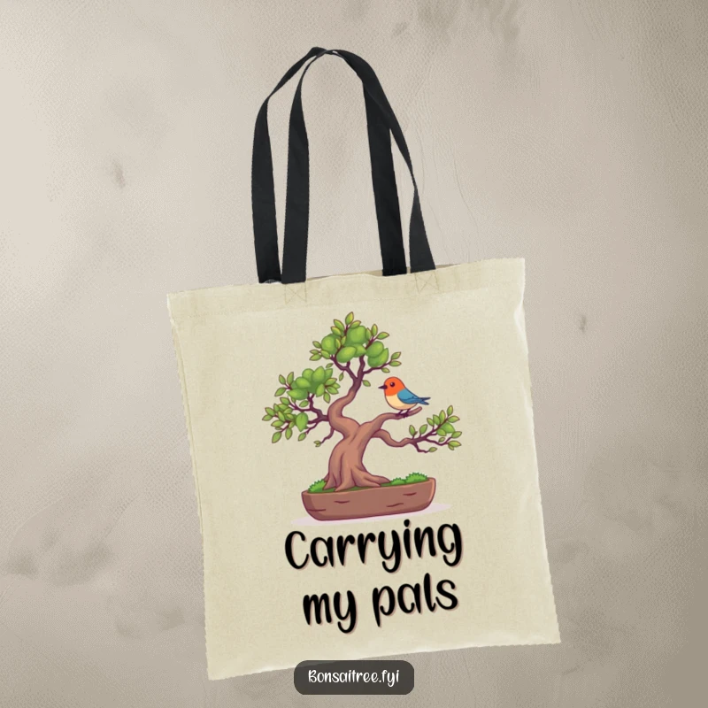 Funny canvas tote bag featuring a bonsai tree character balancing a tiny, colorful bird on its branch, great for carrying items with nature-inspired humor.
