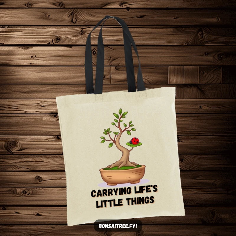 Funny tote bag with a charming bonsai tree balancing a ladybug on its leaf, a humorous and practical accessory.