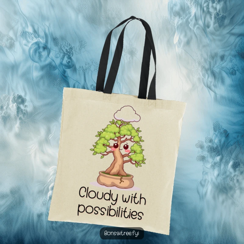 Funny tote bag featuring a bonsai tree with a surprised expression sprouting a tiny cloud, ideal for carrying items with whimsical flair.