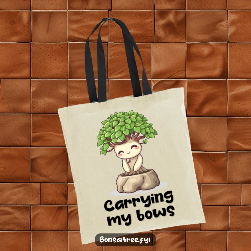 Funny canvas tote bag featuring a bonsai tree character bowing playfully with a warm smile, perfect for carrying items with charm.