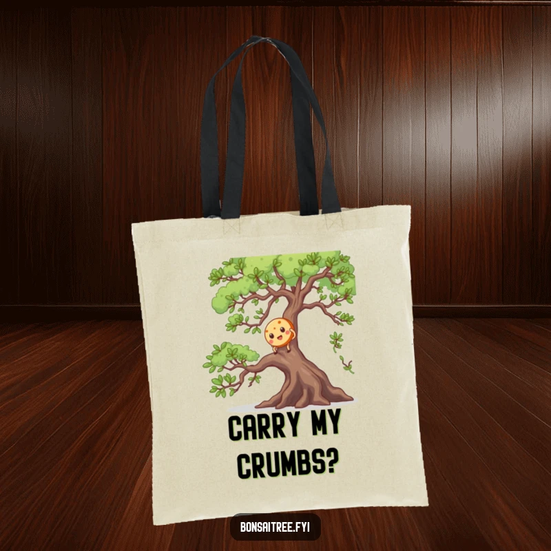 Funny tote bag illustration of a small cookie character attempting to climb a large bonsai branch, a humorous depiction of effort.