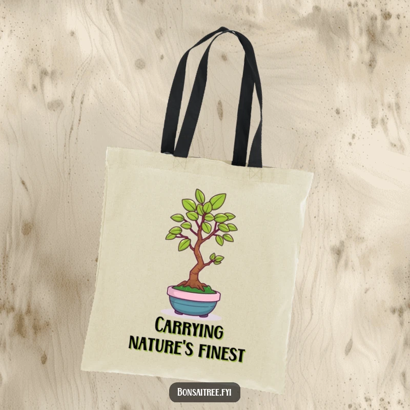 Funny canvas tote bag showcasing a happy bonsai tree character offering one perfectly shaped leaf, ideal for stylish, humorous carrying.