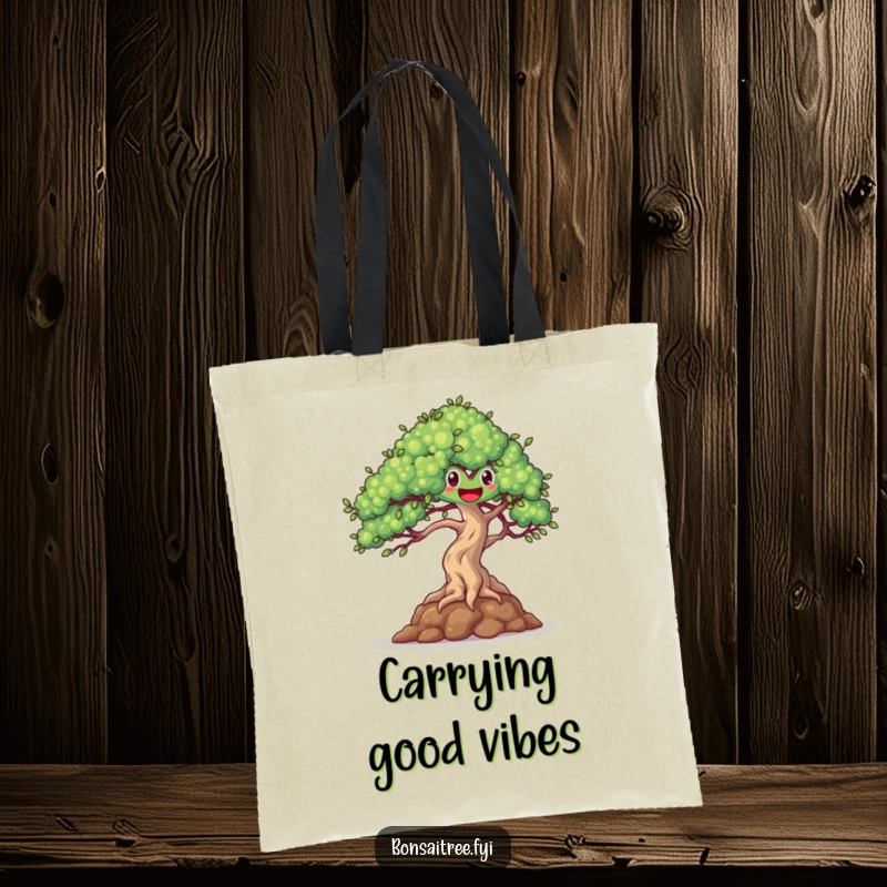 Funny tote bag featuring a happy bonsai tree dancing gracefully in a gentle breeze, a cheerful and practical accessory.
