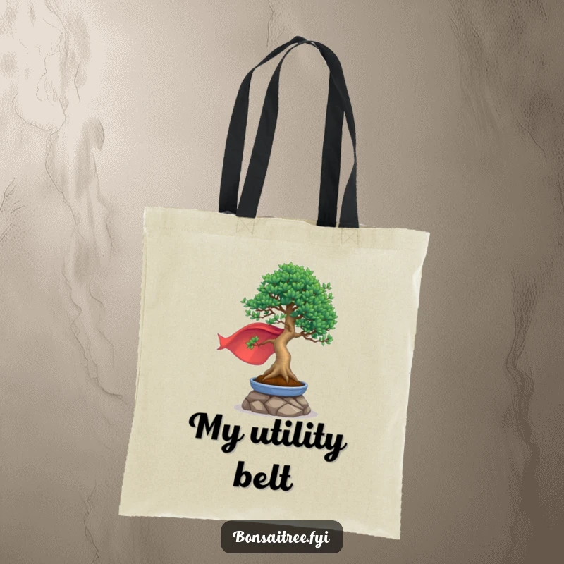 Funny tote bag with a bonsai tree in a cape striking a heroic pose, ready for any challenge.