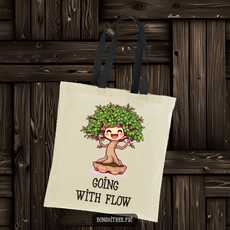 Funny tote bag with a joyful bonsai tree character dancing with the breeze, ideal for carrying essentials with cheerful flair.