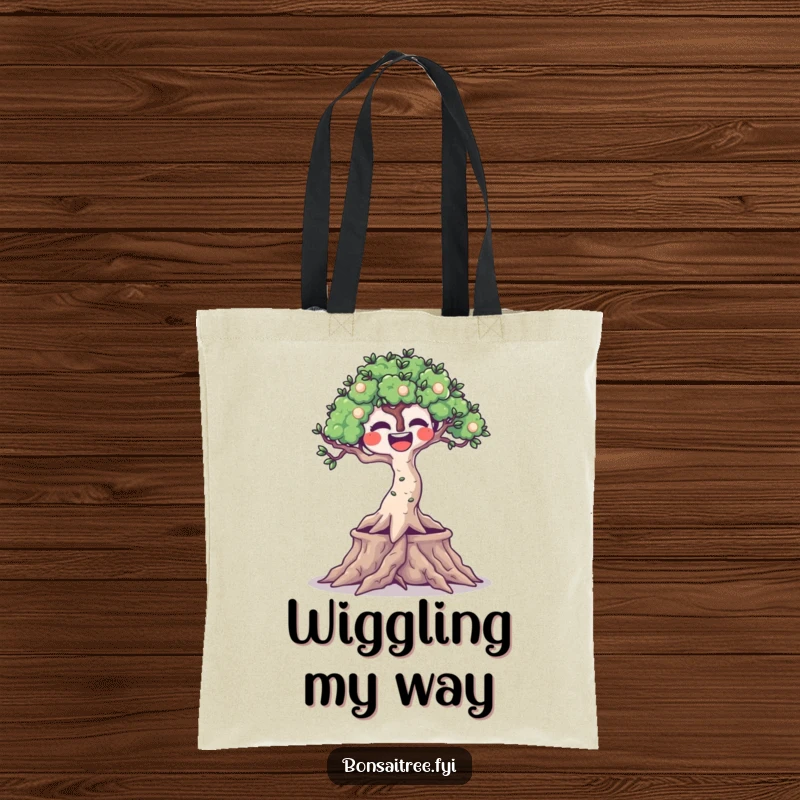 Funny canvas tote bag featuring a joyfully expressive bonsai tree with wiggling roots, perfect for carrying items with humor.