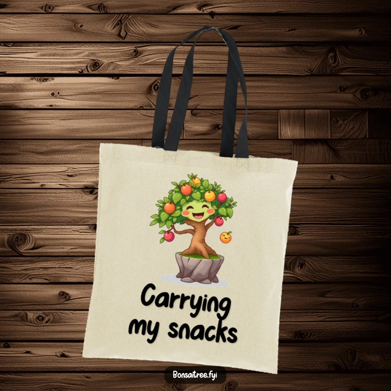 Funny joyful bonsai tree character bouncing a small, colorful fruit, adding a splash of fun to a durable tote bag.