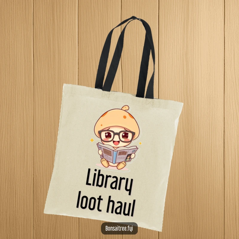 Funny mushroom tote bag, sporting oversized glasses, reading a comic book with a joyful, intellectual expression.