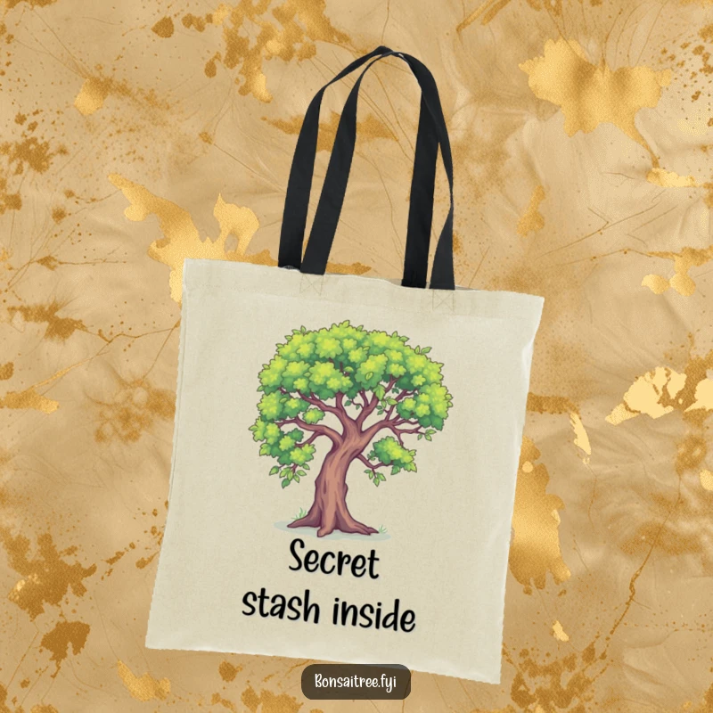 Funny tote bag featuring a small tree leaning in, as if sharing a funny, exclusive secret.