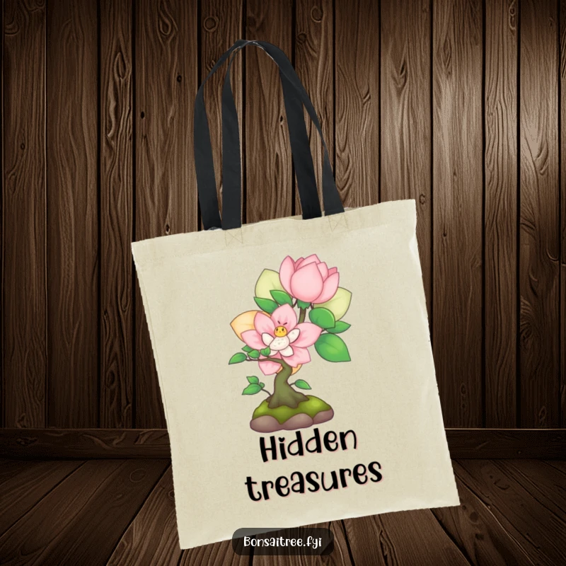 Funny shy bonsai peeking from behind a flower on a tote bag, perfect for carrying essentials with cute, gentle humor.