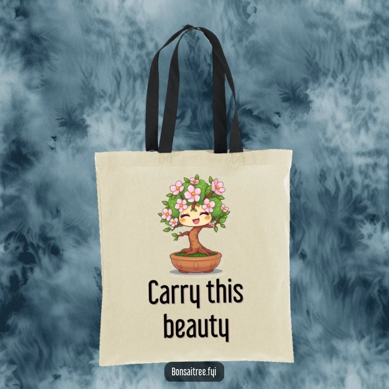 Funny tote bag showcasing a winking bonsai tree character offering a single flower, ideal for a stylish and humorous carryall.