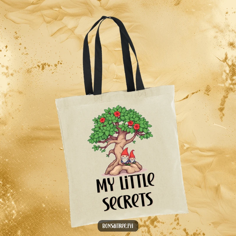 Funny mischievous bonsai winking and hiding a gnome on a tote bag, ideal for carrying items with a hint of playful secrets.